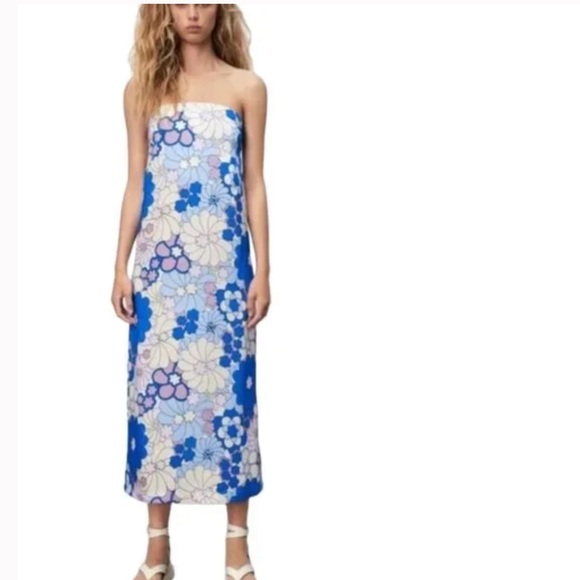 Zara woman’s new retro floral print satin tube midi dress - Picture 2 of 12